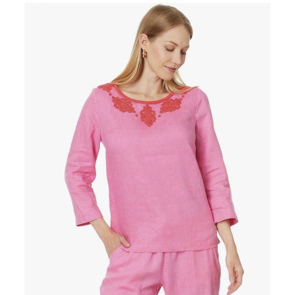 Lilly Pulitzer Elyn Tunic Blouse Pink Linen Beaded 3/4 Sleeve